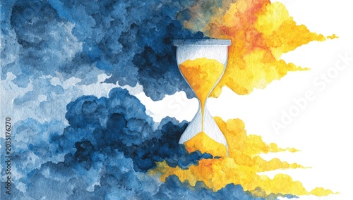 Abstract hourglass between dark blue and bright yellow/orange swirling clouds