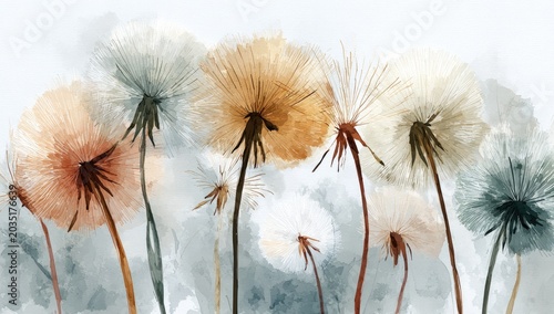 Soft watercolor dandelions bloom with muted earthy and cool tones
