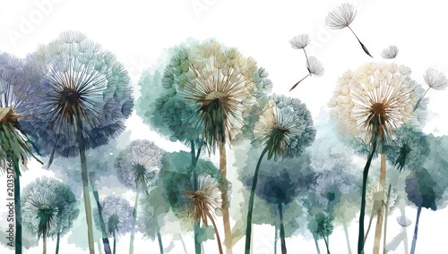 Soft, ethereal watercolor dandelions with drifting seeds on a white background