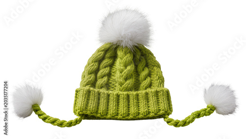 Schilderij op canvas Lime green knitted winter hat with white pom-poms and ear flaps, isolated on tra