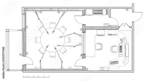 Schilderij op canvas Meeting room floor plan with round table microphones and adjacent control room w