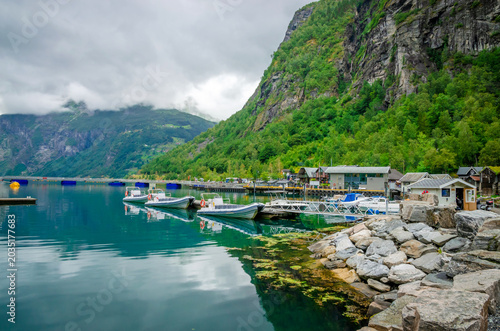 View on the coast of Geirangerfjord in town Geiranger, one of the most beautiful fjords in Norway