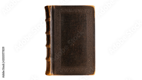 Foto Antique leather bound book with embossed cover, isolated on transparent backgrou