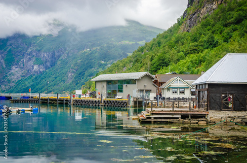 View on the coast of Geirangerfjord in town Geiranger, one of the most beautiful fjords in Norway