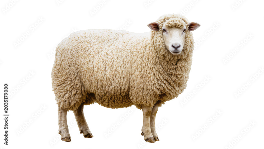 Fototapeta premium Fluffy woolly sheep standing, isolated on transparent background