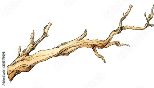 Textured, gnarled, weathered branch with delicate, skeletal limbs on a white background
