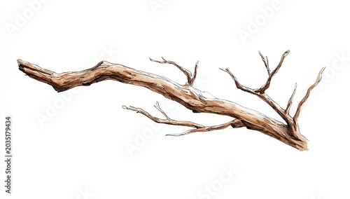 A detailed watercolor painting of a dry, weathered tree branch with many small twigs