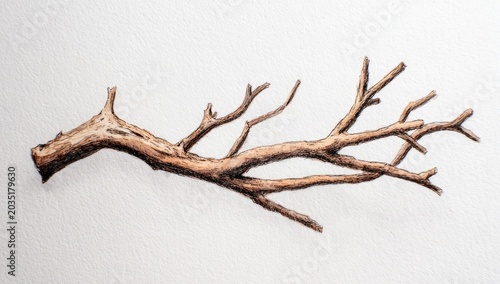 Detailed watercolor painting of a gnarled, branching piece of wood on a textured background
