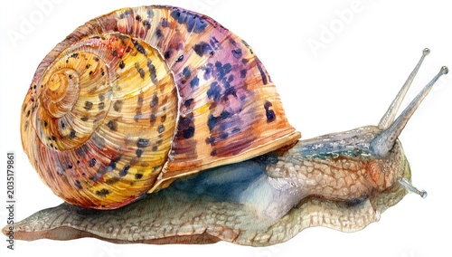 Detailed watercolor illustration of a garden snail with textured shell and body