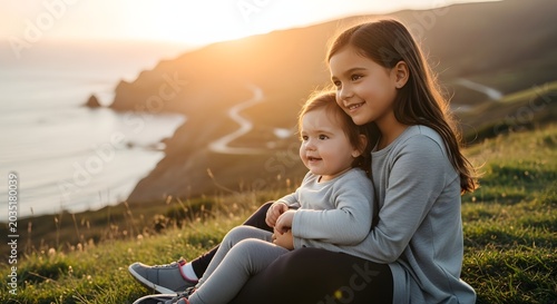 Older sister holding her baby sister while sitting on a grassy hill overlooking the ocean at sunset