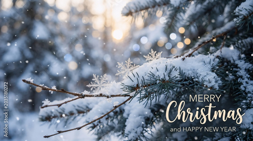 Delicate crystalline snowflakes resting upon evergreen pine needles during a beautiful winter season with glowing golden bokeh lights at sunset