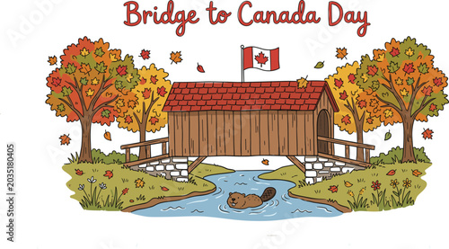 Canvastavla Canada Day bridge illustration, wooden covered bridge with beaver, autumn maple
