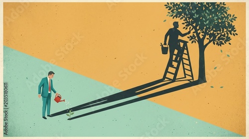 Personal Growth Metaphor: A businessman in a suit waters a seedling while his shadow depicts him climbing a ladder to prune a mature tree, symbolizing personal development and self-improvement.
