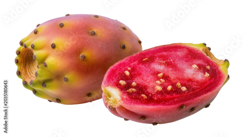 Bilde på lerret Prickly pear cactus fruit one whole and one halved, isolated on transparent back