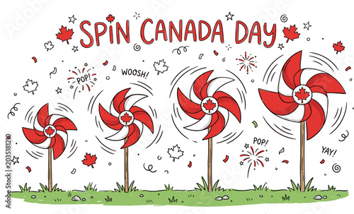 Spin Canada Day festive banner, red and white pinwheels with maple leaf, Canadian holiday EPS isolated on White Background