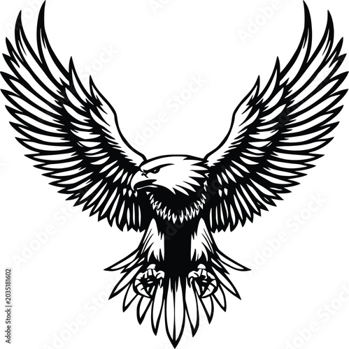 Bald Eagle with Open Wings Silhouette, Detailed Line Art Mascot Vector Illustration for Logos and T-Shirts
