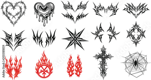 Cyber Sigilism and Y2K Streetwear Graphic Vector Set Featuring Barbed Wire Heart Dripping Chrome Metallic Shapes Tribal Tattoos Fire Flames and Gothic Cross Elements