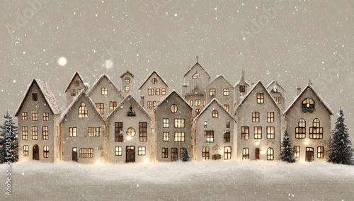 Cozy village of illuminated houses under a gentle snowfall