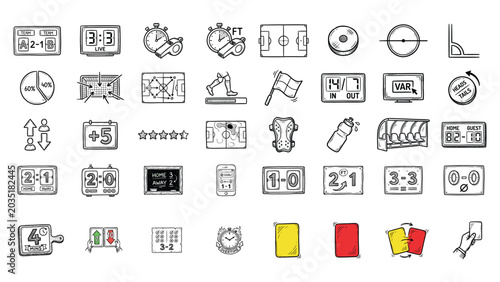 Football Referee Scoreboard Match Equipment Tactical Sign Sketch Icon Set for Soccer Game Design vector illustration