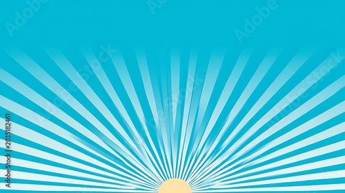 Bright sky blue background with white radiating sunburst rays and a soft yellow sun at the