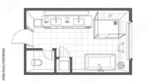 Schilderij op canvas Top-down architectural floor plan of a spacious bathroom with a bathtub, shower,