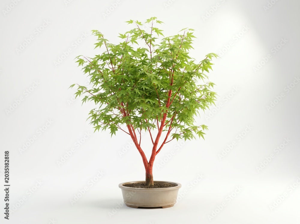 Obraz premium Potted small tree with red trunk and green leaves