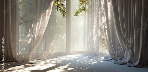 Sunlit window with sheer curtains and dappled light filtering through foliage