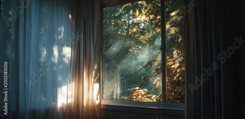 Sunbeams stream through a window, illuminating a gentle breeze through curtains