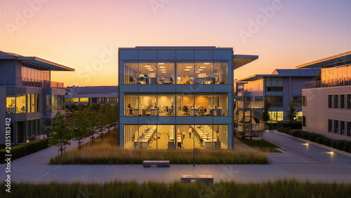 Bild auf Leinwand Modern office building interior lit up at dusk with employees working late glass