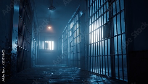 Gloomy prison corridor with cells, dim lighting, and barred doors, creating an eerie atmosphere