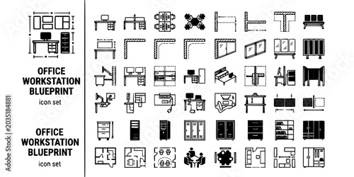 Konstfotografi Office Workstation Blueprint Black White-Panel Layout Pod Storage Tower-Office P