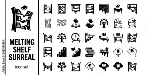 Schilderij op canvas Melting Bookshelf Surreal Black White-Sagging Shelf Floating Book-Dreamlike Furn
