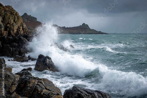 Powerful Ocean Waves Crashing Against Rocky Coastline Under Dramatic Stormy Sky.