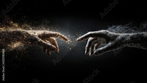 Two hands reaching, one dissolving into golden light, the other into dark dust