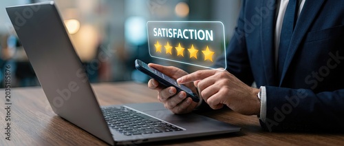 Customer satisfaction review process in a modern office digital feedback tools professional environment close-up perspective enhancing business performance