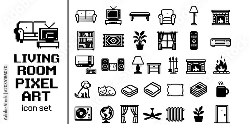 Tableau sur toile Living Room Pixel Art Black White-Blocky Sofa Television Coffee Table-Retro Home