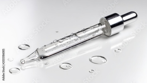 Close-up of a glass dropper with clear liquid and water droplets on a white surface.
