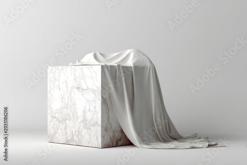 Elegant Marble Cube Covered by Flowing White Fabric.