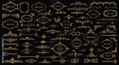Golden decorative frames, ornate vintage borders, elegant flourishes design, Victorian style embellishments, luxury certificate artwork, ornamental typography vector illustration