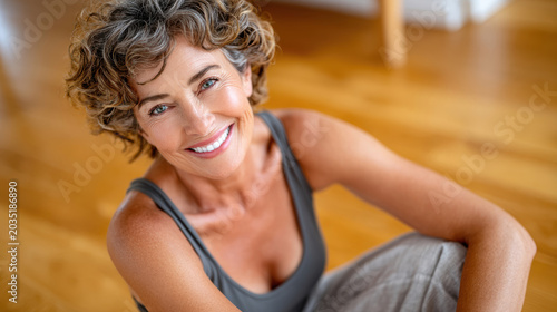 Warm closeup portrait of a mature smiling woman after a mat session for health and lifestyle background use