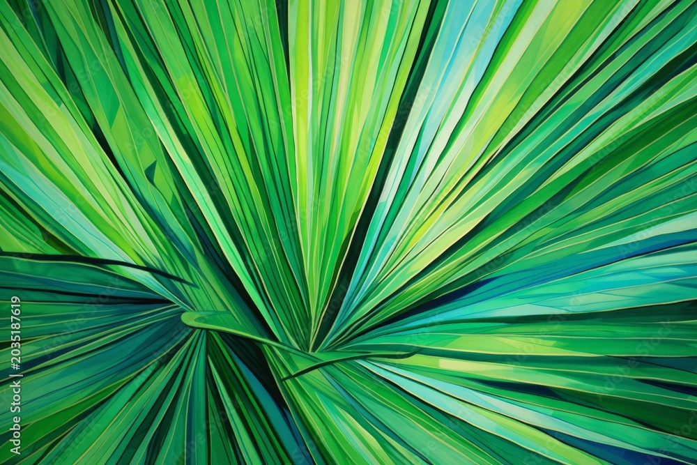 Fototapeta premium Green palm leaf radiating lines and botanical patterns from its center