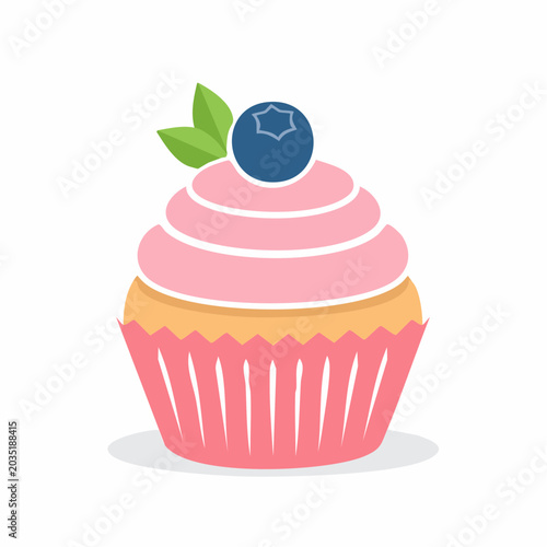Pink Frosted Cupcake with Blueberry and Leaves