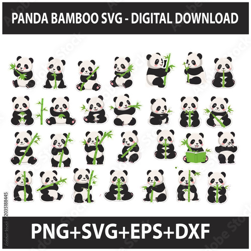 Cute Cartoon Panda Bear Emojis Set, Kawaii Giant Panda Expressions Sticker Bundle with Bamboo and Hats