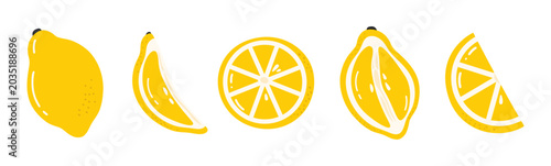 Lemon citrus set. Cartoon summer fruit slice, half sliced lemons, fresh yellow citron slices, organic detox ingredients, natural ripe vitamin fruits pieces. Vector flat collection