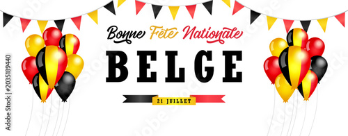 Happy National Day Belgium festive banner in French. Horizontal design