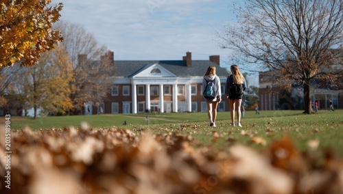 Two students walk across a grassy lawn toward a grand building with columns