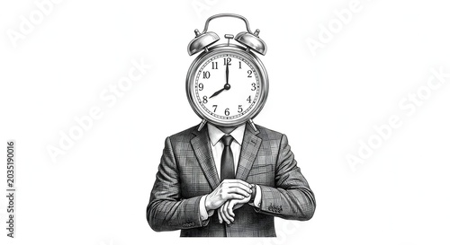 Man with Alarm Clock Head Checking Wristwatch - Surreal Time Management - Creative Illustration for Deadline Conceptual Graphic