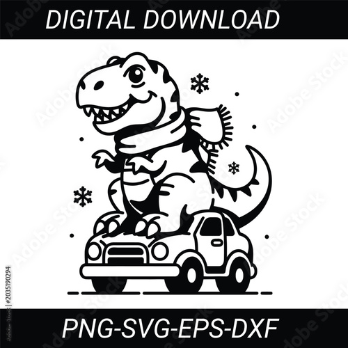 Cute Baby T-Rex Driving Car Cartoon Illustration, Kawaii Dinosaur Vector Sticker Design for Kids