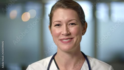 Smiling female healthcare professional with stethoscope in bright modern medical facility looking at camera