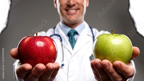 Smiling doctor holding red and green apples in hands.